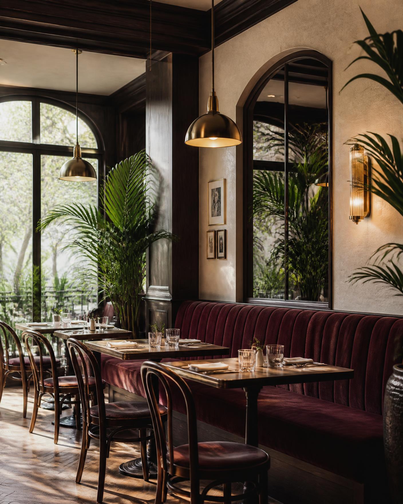 Burgundy banquettes and morning light